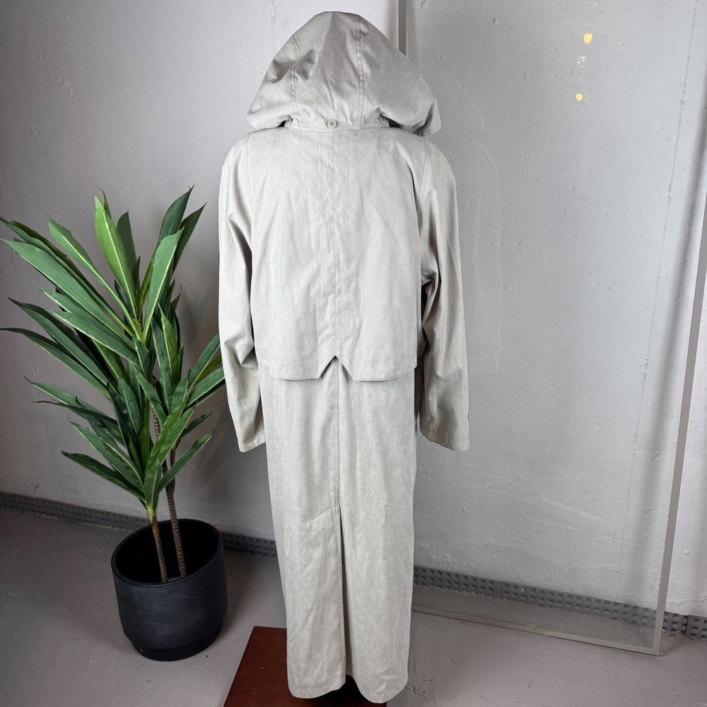 Vintage Beige Hooded Trench Coat Longline Belted Oversized Raincoat Womens 14P - Picture 12 of 12